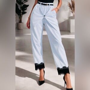 Chic blue Pants with Black Lace Detail